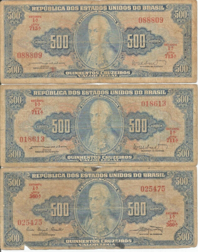 Brazil 1962  3x Circulated 500 CRUZEIROS CURRENCY BANKNOTE BRASIL P-172 # 20 - Picture 1 of 2
