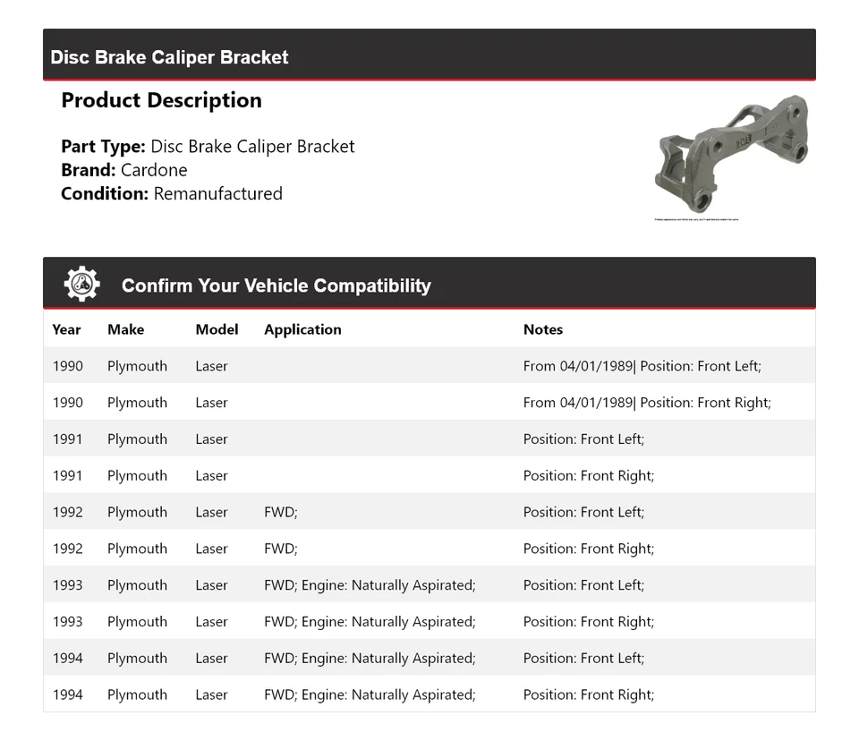 For 1990-1994 Plymouth Laser Disc Brake Caliper Bracket Cardone 1991 1992 1993 - Image 2 of 4