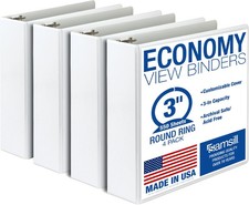 Samsill 3 Inch 3 Ring Binders, Economy Round Ring, Clear View 4-Pack, White