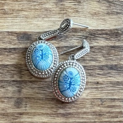 Alan K Sterling Silber Millefiori blau-weiß Glas Blume Ohrhänger 925