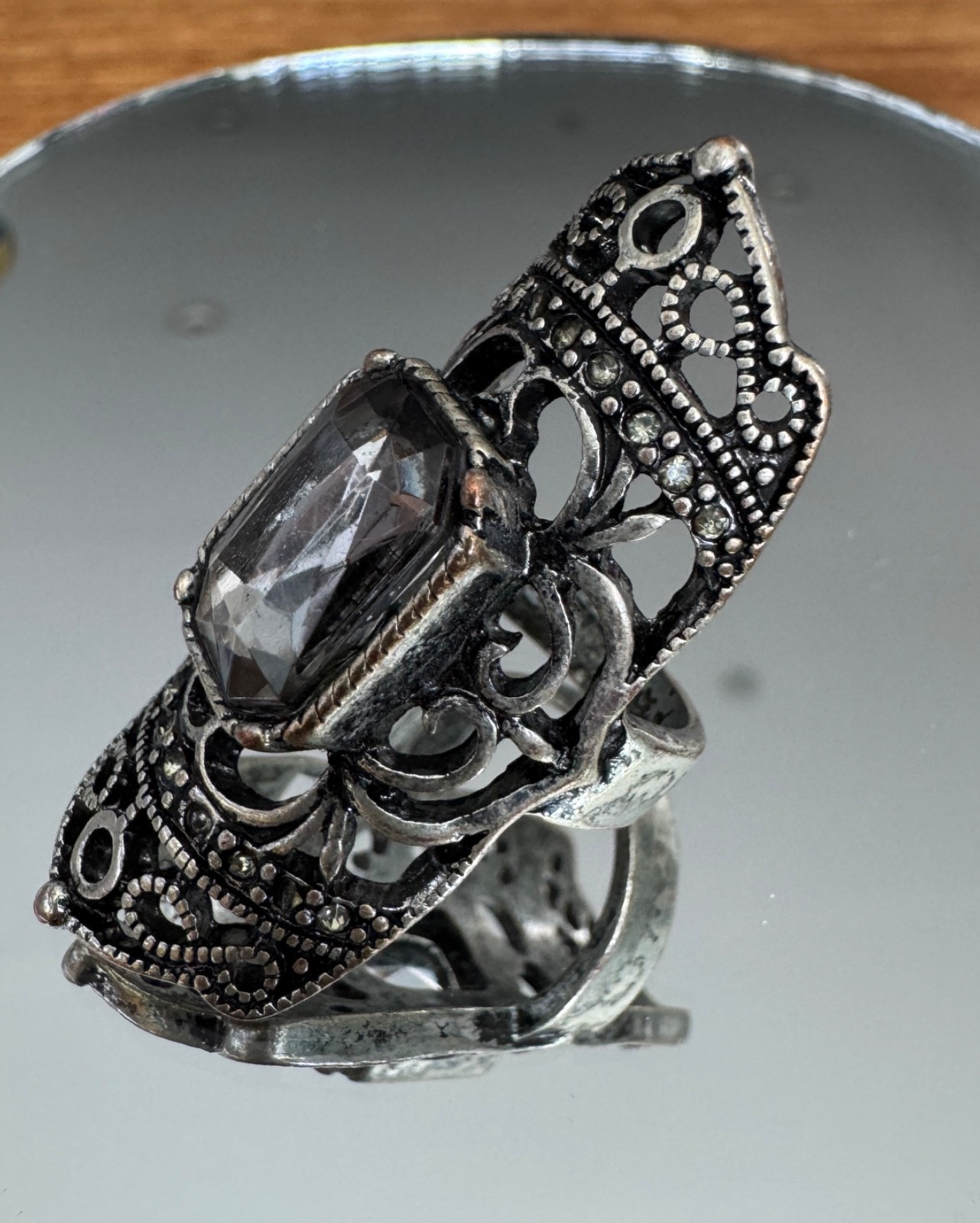 Gothic Crown Statement Ring Black Stone Gunmetal-… - image 2
