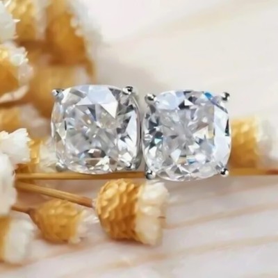 4 Ct Cushion Off-White Diamond Stud Earrings 925 Silver Certified Sparkling