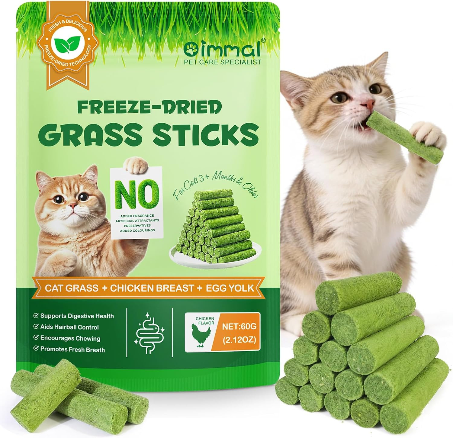 Cat Grass Sticks, 60G Freeze Dried Grass Treats for Supports Digestive Health &