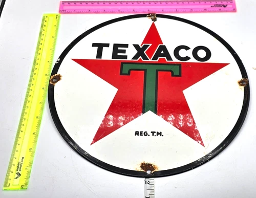 VINTAGE GENUINE TEXACO PORCELAIN SIGN PUMP PLATE GAS STATION OIL 12" x 12"