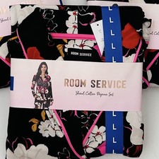 Room Service Pajama Set Women Large L Shawl Collar 2pc Black Floral Blossom NEW