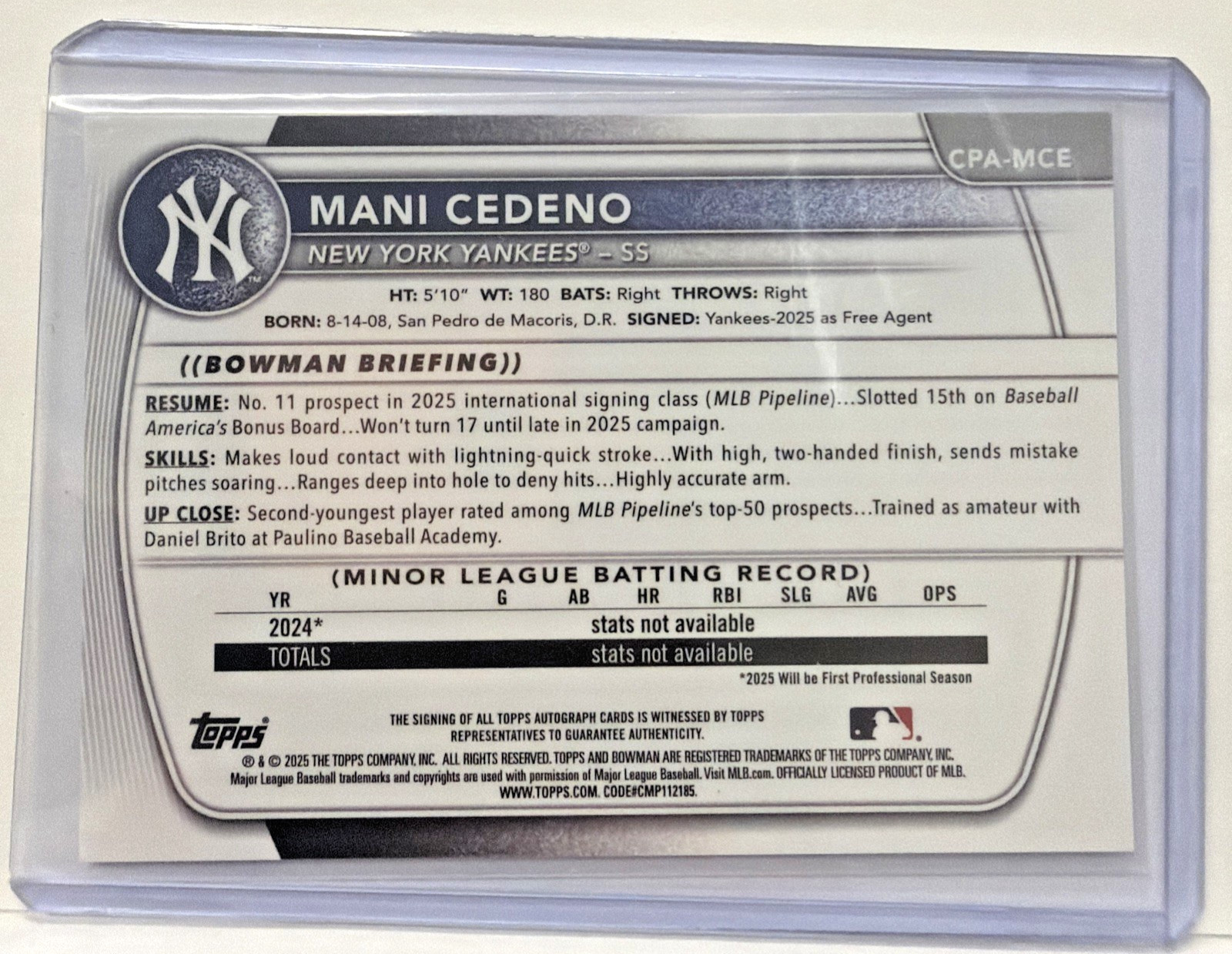 2025 Bowman Chrome Mani Cedeno Blue Wave Auto /150 1st RC Yankees view 2