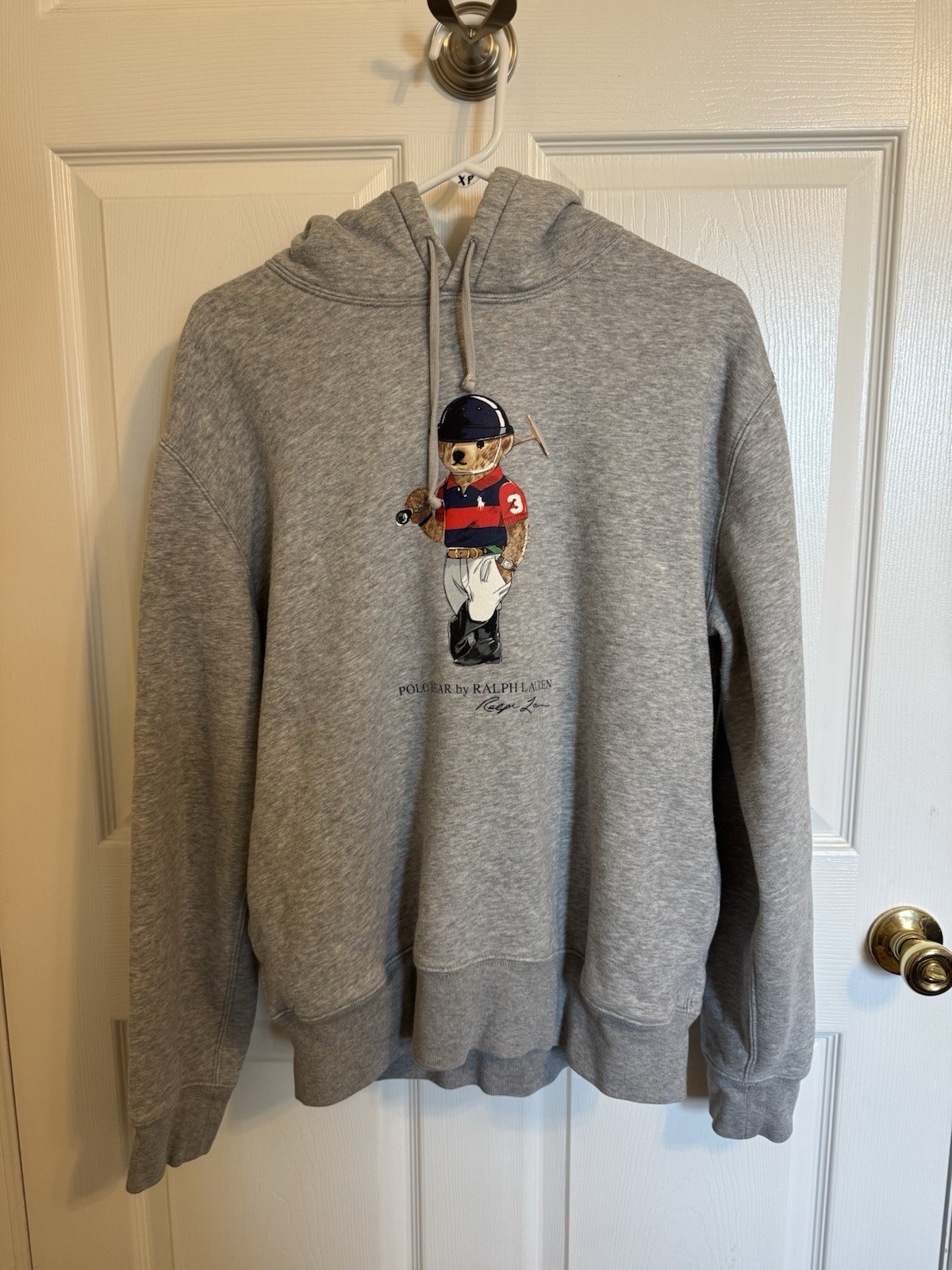 Polo Ralph Lauren Bear Polo Player Men’s Hoodie Sport Grey Fleece Pockets Size L
