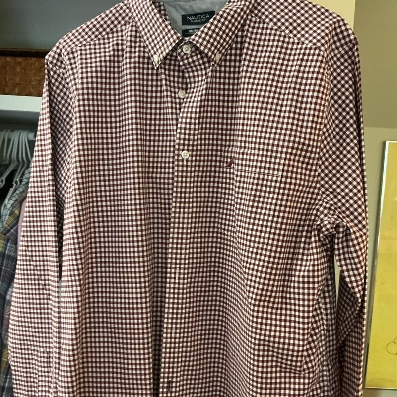 Nautica Men’s XXL Burgundy/White Check Cotton Woven LS Nautica Flex Shirt