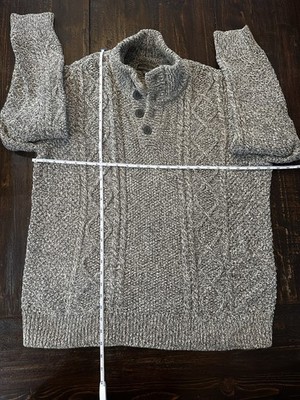 L.L. Bean Signature Fisherman Cable-Knit Button Mock Pullover Sweater Grey XL
