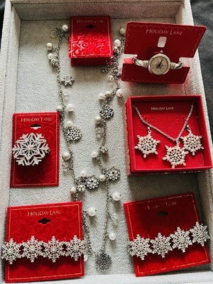 Macys Holiday Lane SNOWFLAKE Jewelry Set Necklace Bracelet Earrings Brooch Watch