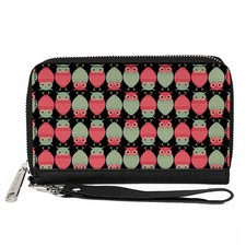 PU Zip Around Wallet Rectangle Owls Flip Black/Mauve/Sage