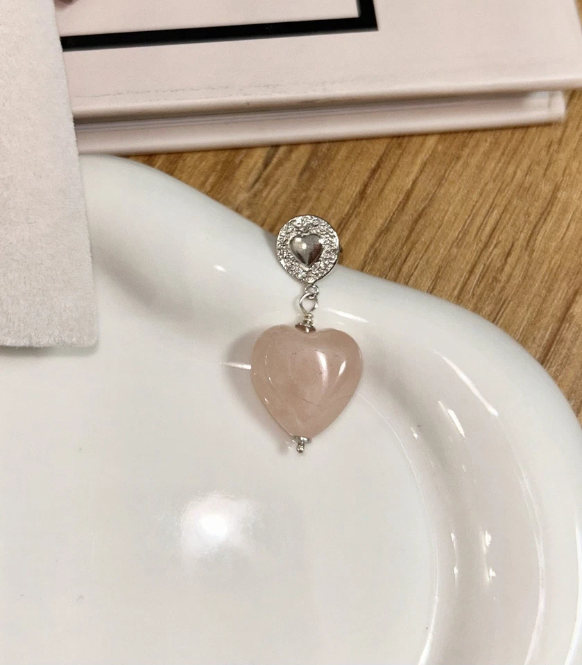 Orecchini Artigianali Argento 925 Quarzo Rosa A Cuore - Immagine 2 di 3