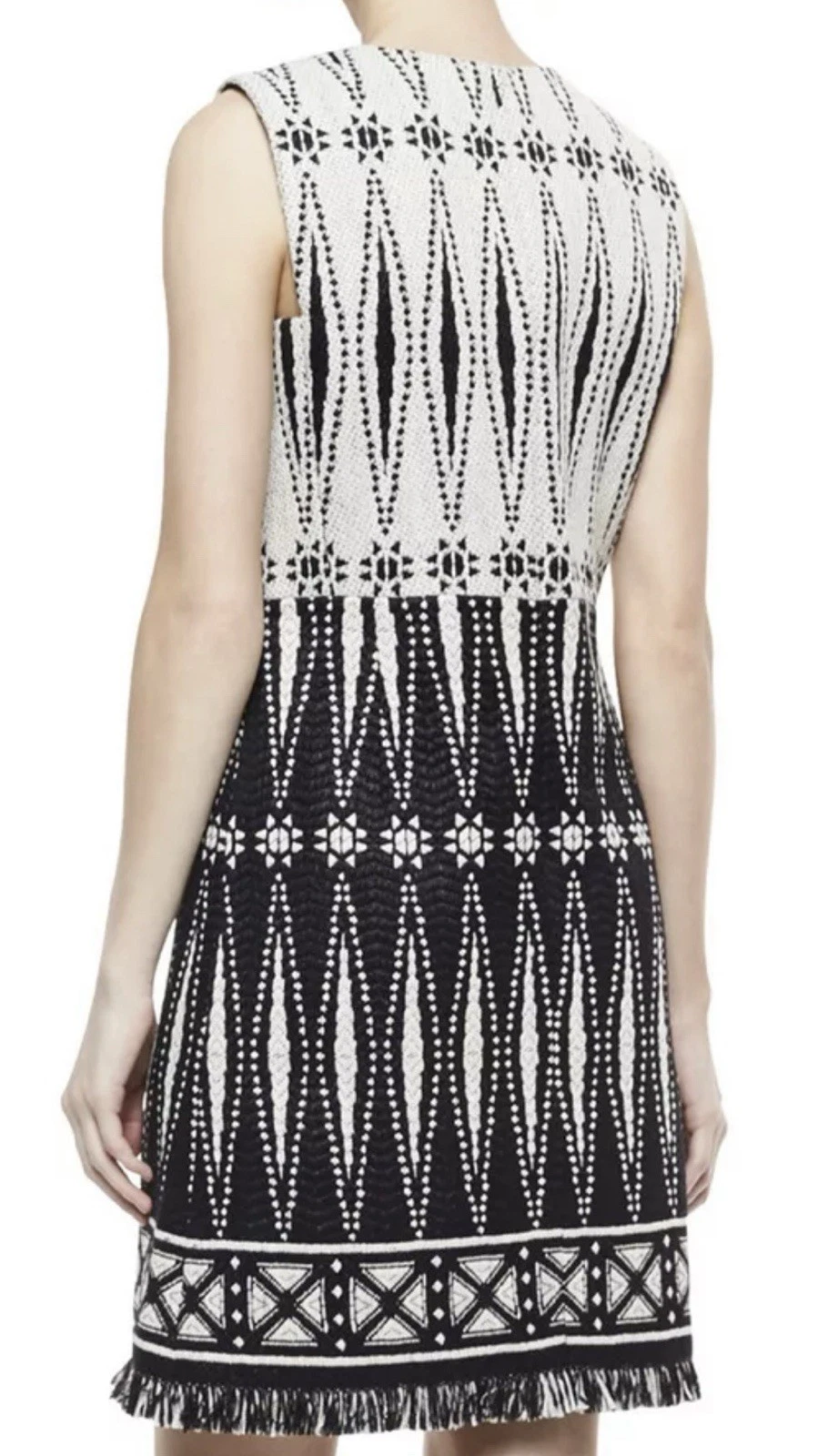 Mini abito tunica Tory Burch Runway Savora tweed jacquard tessuto frange gemma taglia 2