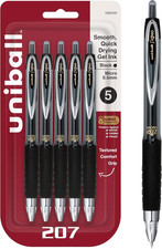 Uni-Ball Black Retractable Gel Pens 5 Pack with Fine Points 0.5mm, 207 Signo
