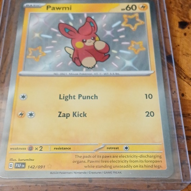 Pokémon Pawmi 142/091 SV: Paldean Fates Shiny Rare Holo English Basic Card
