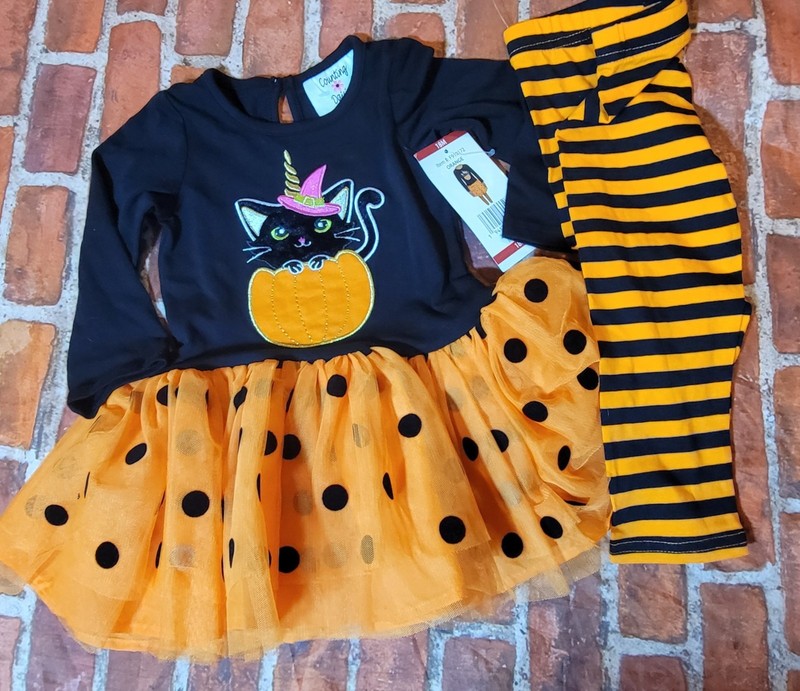Counting Daisies Girls Halloween Cat Pumpkin Set Sz 18 Months Nwt Tutu Dress