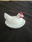 3 1/2" Vintage Westmoreland Milk Glass Covered Chicken Hen on a Basket Nest Dish