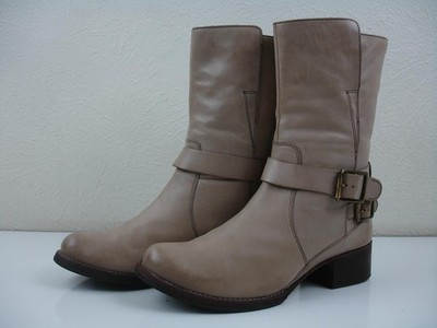 Women's 9.5 Clarks Monica Soul Taupe Leather Boots Harness Strap Riding Side Zip