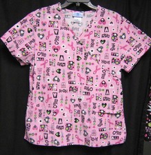 Medium S B Scrubs Top Pink with Hearts Ribbons Flowers Cotton