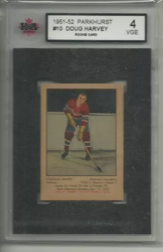 1951-52 PARKIE PARKHURST HOCKEY SERIES DOUG HARVEY RC CARD #10 GRADED KSA 4 VGE