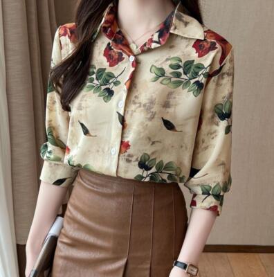 ブータン Womens 2024 Fashion Floral Print Long Sleeves Casual Dress Shirt