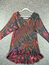 Urban Mangoz Top Womens Boho Tunic Medium Black Mulicolor Tie Dye Ruffle Hem