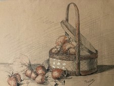Belle Painting 1950 Pencil Paper Still Life Fruit Art Basket Fruits Strawberry