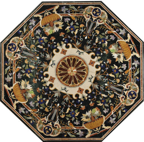 48-Inch Black Marble Table Top with Exquisite Pietra Dura Inlay Handicraft Art