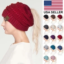 C.C Exclusive Metallic Beanie Ponytail Messy Bun Solid Ribbed Beanie Hat Cap