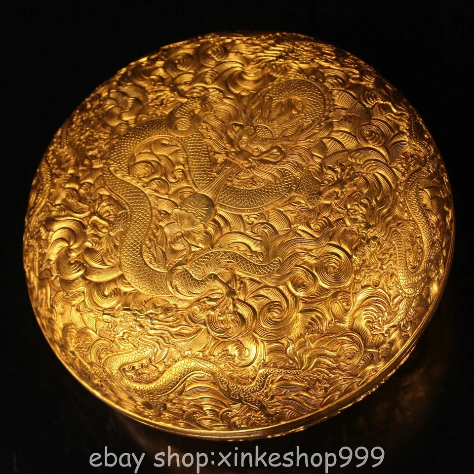 8" Old Tibet Bronze 24K Gold Gilt Dynasty Dragon Beast Jewelry Storage Box - Image 2 of 4