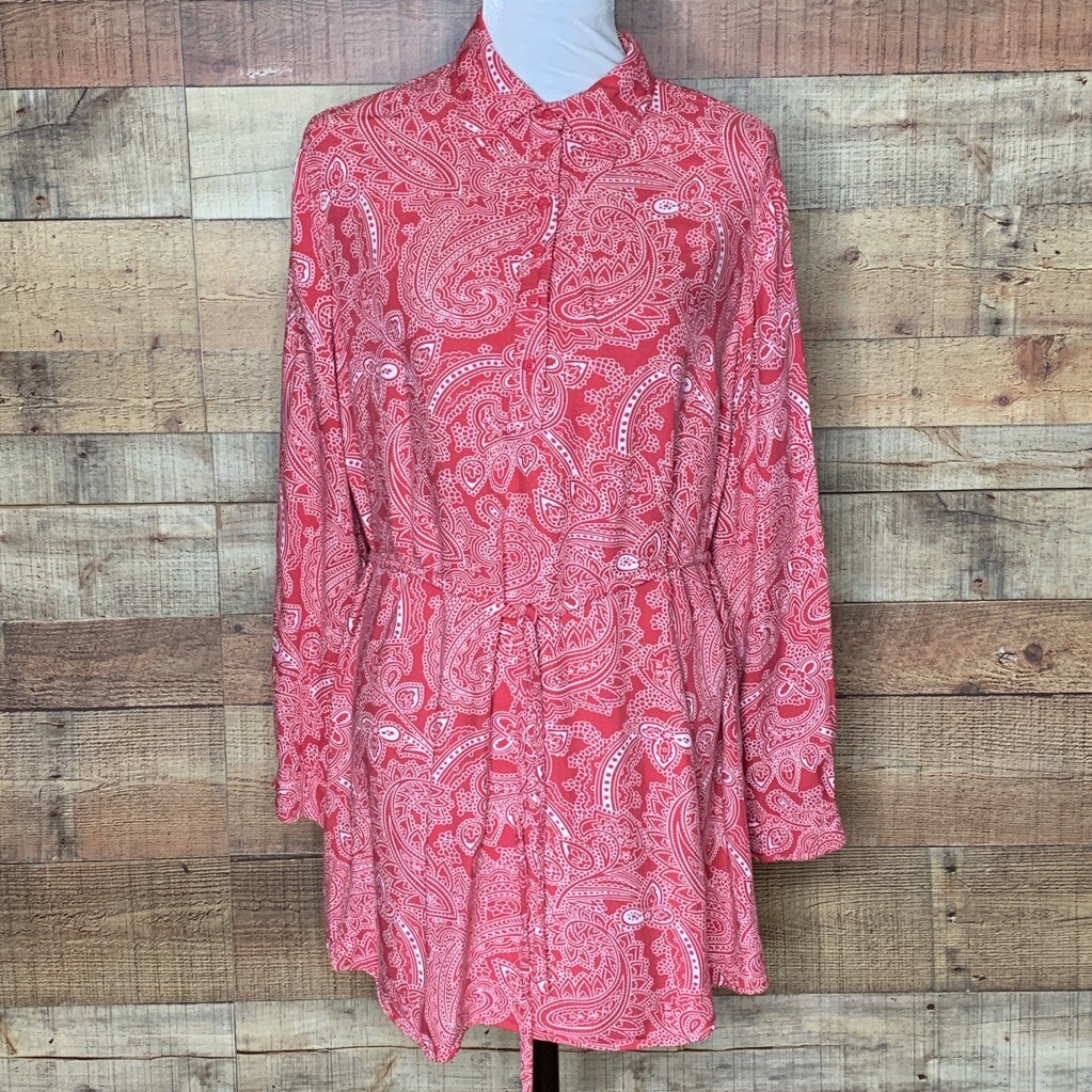 red and white paisley dress Bit & Bridle Womens Shirt Dress Red White Paisley Drawstring Tie Waist  Career M