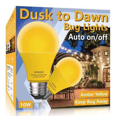 2 Pack A19 Dusk to Dawn Bug Light Bulbs Outdoor 2000K Amber Yellow LED ...