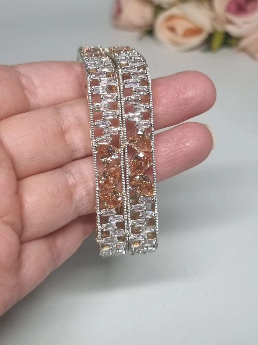 Indian Pakistani 2 Gold square bangles With White champag American Diamond . 2.4