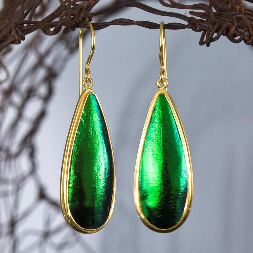 Green Jewel Beetle Wing Earrings in Gold Vermeil & Sterling Silver Handmade 6.05g-image