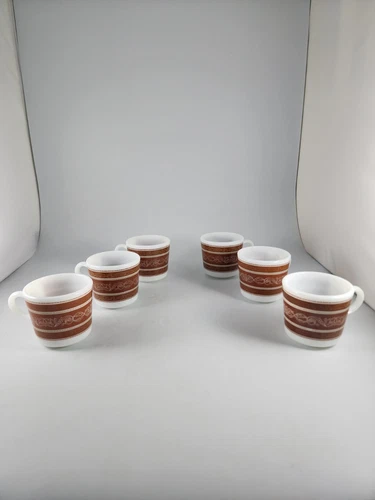 Vintage Pyrex Tableware By Corning Brown Scroll Coffee Cup Mug  Set of 6