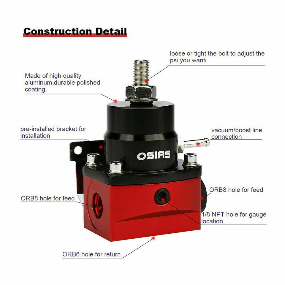 OSIAS Black & Red Adjustable Fuel Pressure Regulator Kit AN 6 Fitting End 160Psi - image 3 of 4