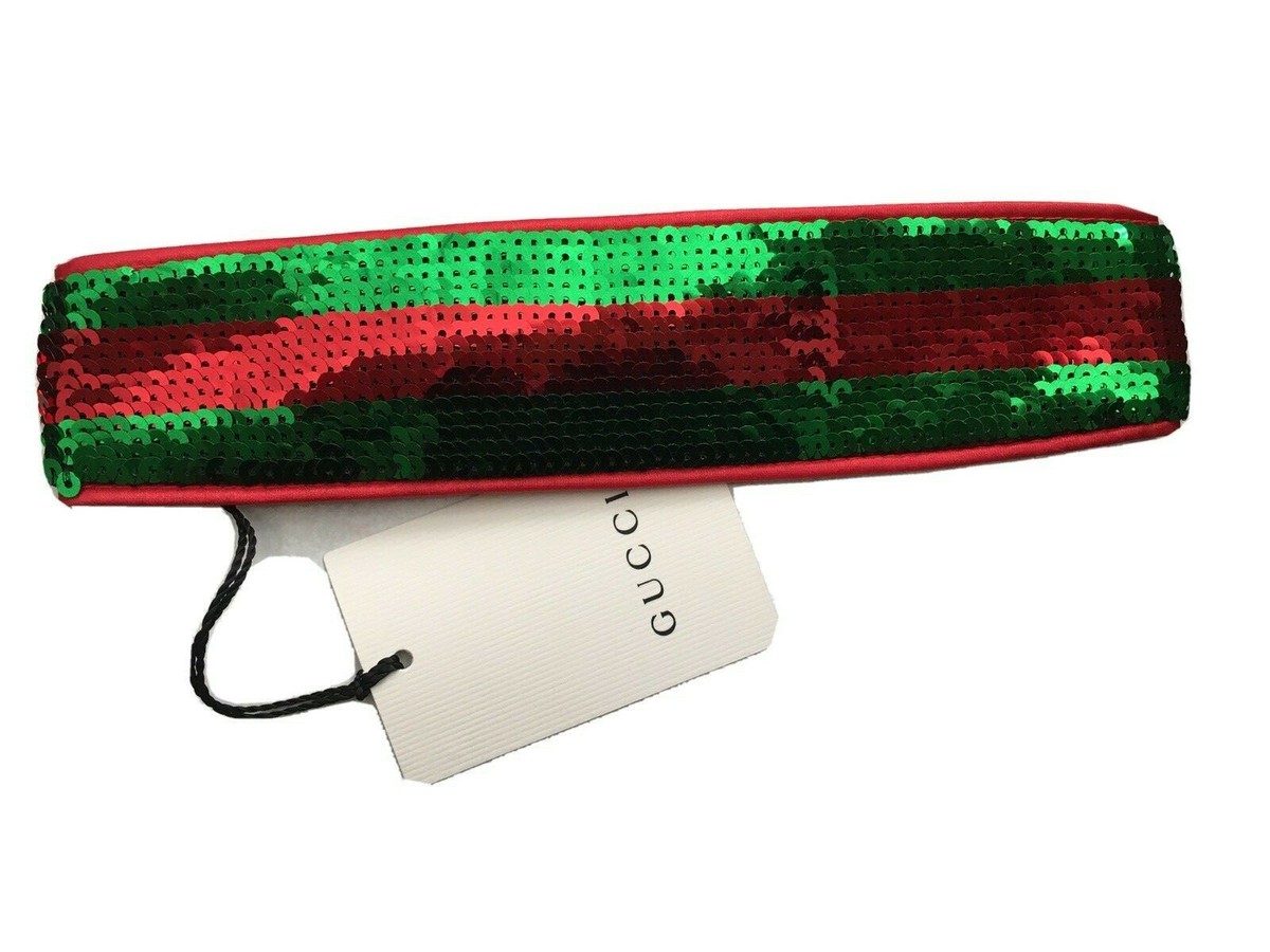 Gucci Crystal & Green-Red Web Headband GUCCI Web Knot Knit Wool Twist Red & Green Headband Made in  main image 2