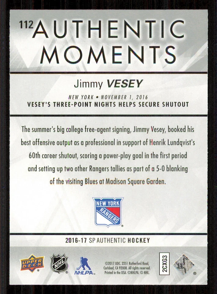 2016-17 SP Authentic #112 Jimmy Vesey AM - Image 2 of 2