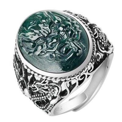Certified Black Burma Natural A Jadeite ink Jade Dragon Head Ring s925 silver