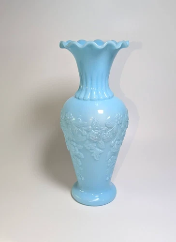 Antique French Portieux Vallerysthal Blue Opaline Milk Glass 9" Vase 1900’s