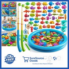 Kids Magnet Fishing Game with 51 Fish, 2 Poles, Inflatable Pool for Ages 3-8
