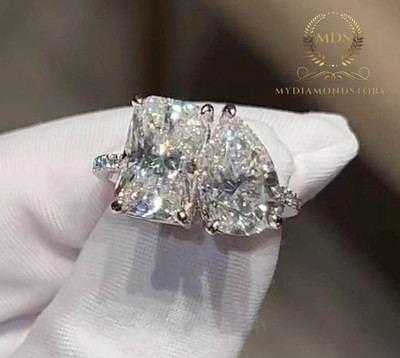 Moissanite Toi Et Moi Engagement Ring 4 CT Pear/Radiant Cut Solid 14K White Gold