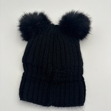 Womens Black Knit Beanie Disney Mickey Minnie Inspired Double Pom Pom Winter Hat