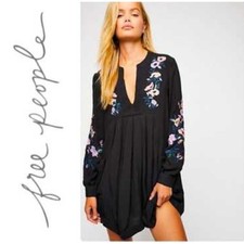 FREE PEOPLE Mia embroidered balloon sleeve plunge neck flowy mini dress M Black