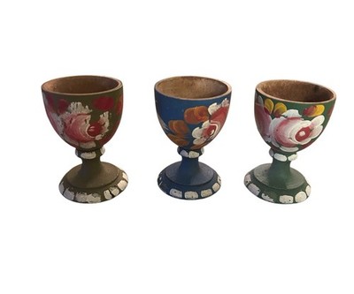 Lot of 3 Vintage Wooden Egg Cups Hand Painted Wood Floral Egg Cups READ