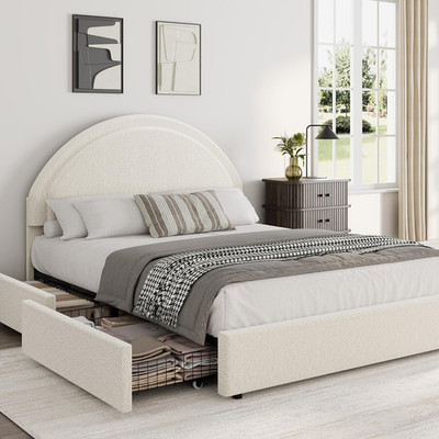 Beige Queen Size Upholstered Bed Frame with Storage Drawers & Round Headboard