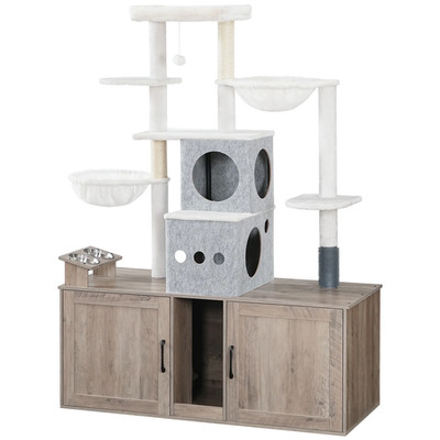Cat Tree with 47.2'' Dual Litter Box Enclosure, 63.4'' Tall Multi-Functional Tower