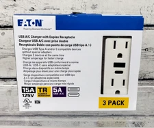 Eaton 15A 125V/AC/ Duplex Receptacle With USB A & C Charge Ports (3-Pack)