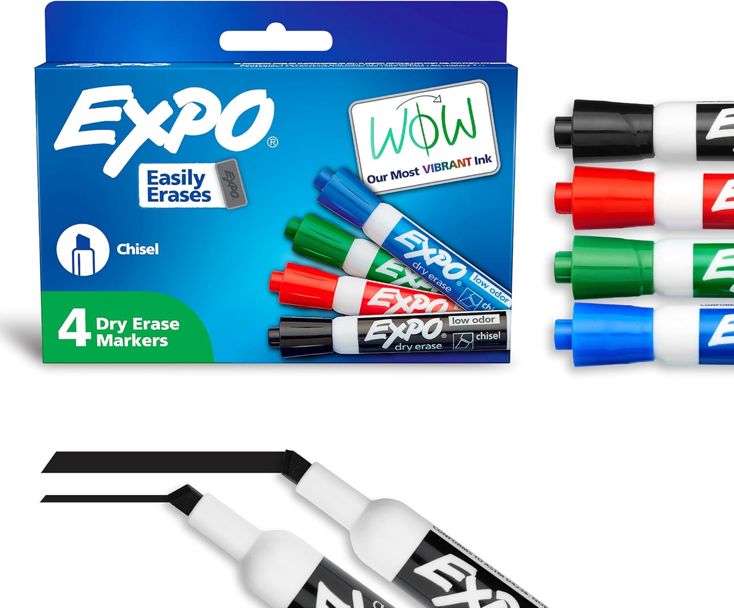 EXPO Dry Erase Markers, Low Odor Ink, Assorted Colors, Chisel Tip, 4 Count - Eas