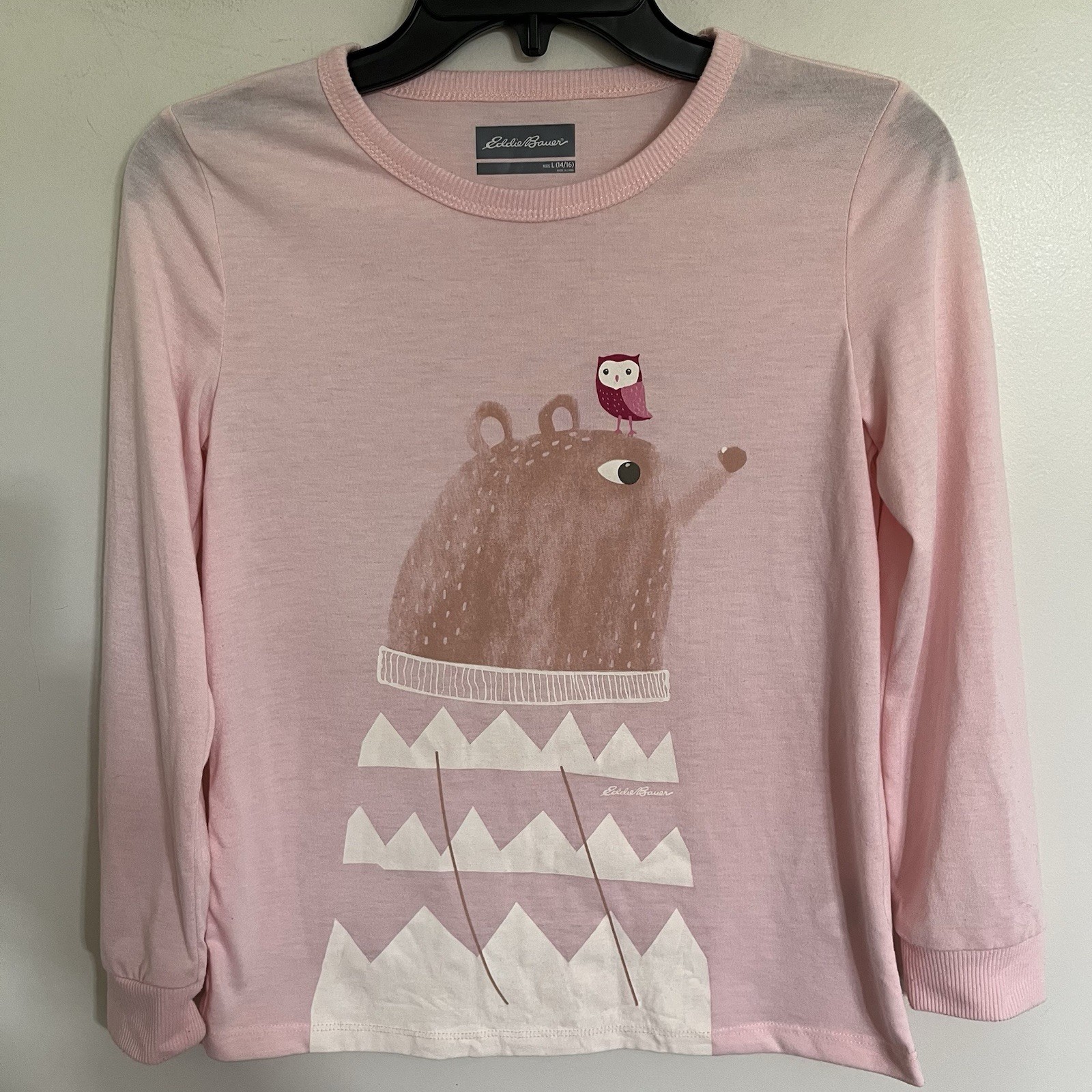 Eddie Bauer Girls Pink Bear Owl Graphic Long Sleeve Tee Shirt Kids Large 14/16